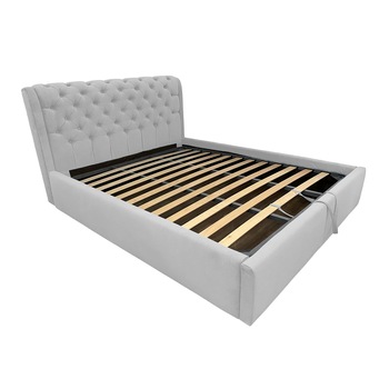 Pat tapitat Crystal Alb, MobAmbient, cu tablie Chesterfield din catifea, somiera metalica rabatabila, lada de depozitare, pentru saltea 160 x 200 cm Pat tapitat Crystal Alb, MobAmbient, cu tablie Chesterfield din catifea, somiera metalica rabatabila, lada de depozitare, pentru saltea 160 x 200 cm