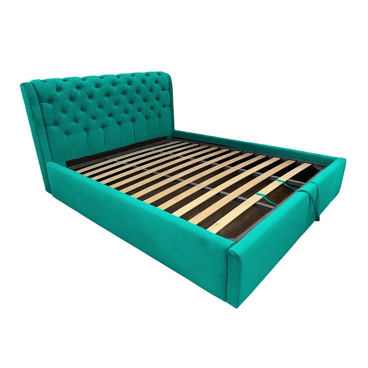 Pat tapitat Crystal Turquoise , MobAmbient, cu tablie Chesterfield din catifea, somiera metalica rabatabila, lada de depozitare, pentru saltea 160 x 200 cm