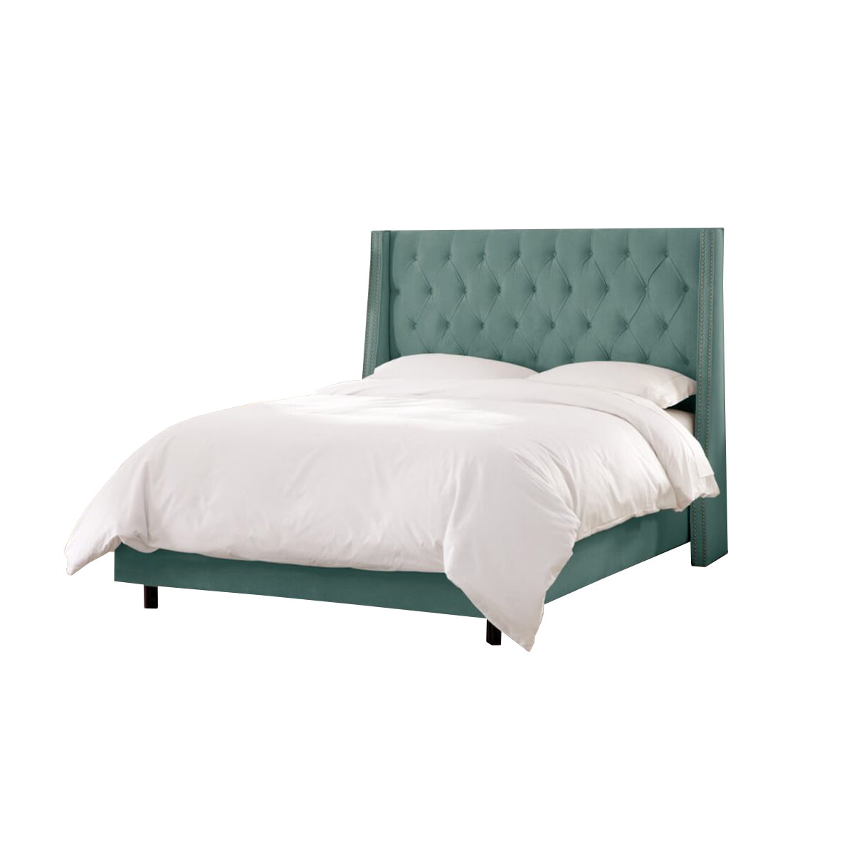 Pat tapitat Minty Verde, MobAmbient, cu tablie Chesterfield din catifea, somiera metalica rabatabila, lada de depozitare, pentru saltea 160 x 200 cm