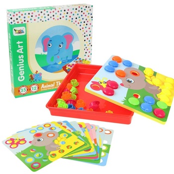 Joc creativ mozaic Genius Art, Animale, 12 cartonase, 35 de butoni Joc creativ mozaic Genius Art, Animale, 12 cartonase, 35 de butoni