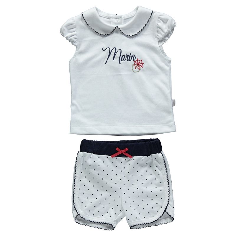 Set 2 piese, tricou si pantalon scurt, Bebetto - Pretty Marine, Alb