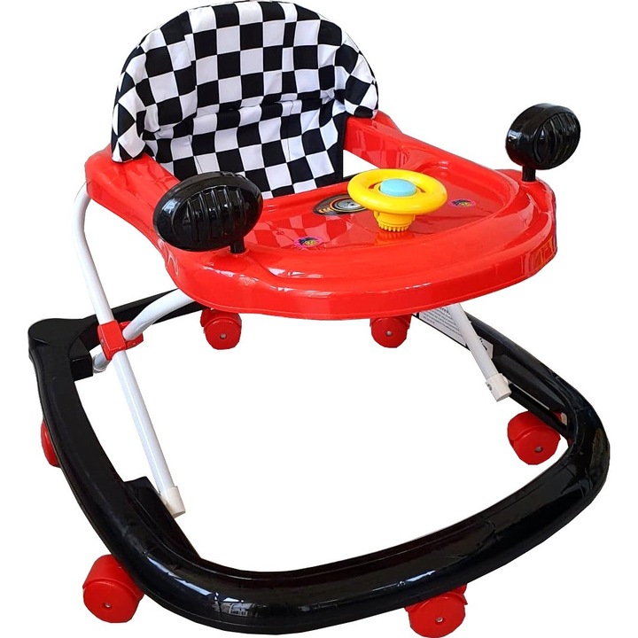Premergator Reglabil in 3 Trepte NOVOKIDS™ My first Car, Cu volan, Model Masinuta, Pliabil, 6 Roti, Cu Sunete, Rosu cu Negru