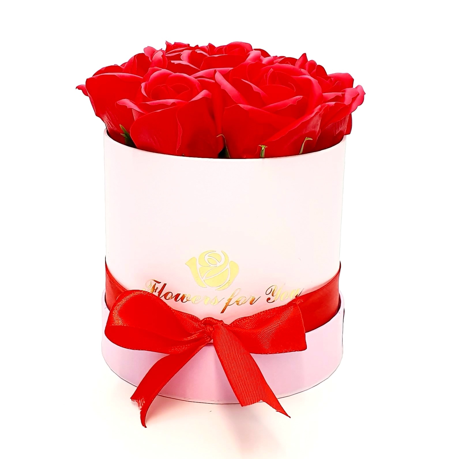 Aranjament floral 7 Trandafiri rosii parfumati, din spuma de sapun, in cutie roz