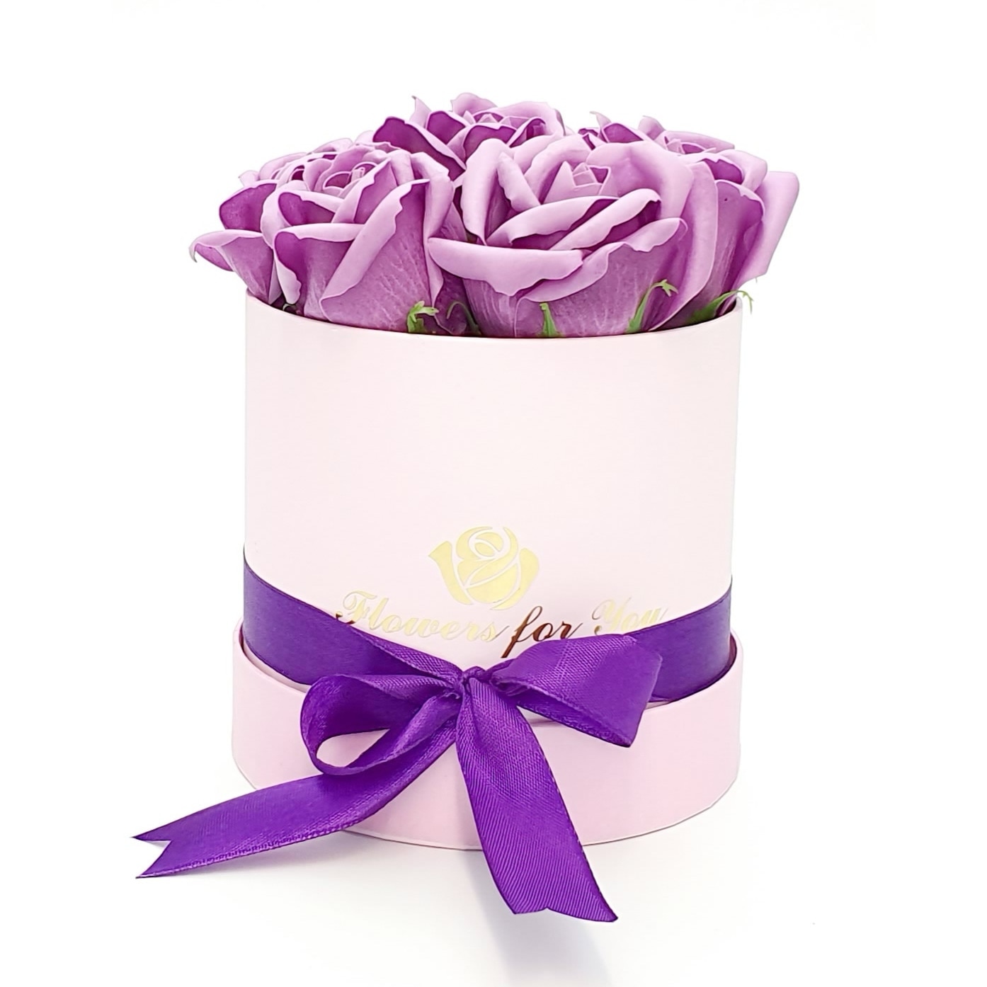 Aranjament floral 7 Trandafiri mov parfumati, din spuma de sapun, in cutie roz