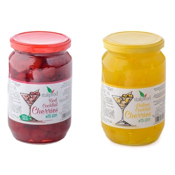 Pachet Promo 2 borcane Cirese Cocktail cu Codita Galbene si Rosii, Italprod, 800g Pachet Promo 2 borcane Cirese Cocktail cu Codita Galbene si Rosii, Italprod, 800g