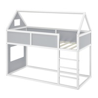 Pat copii etajat Arya White, en.casa, 209 x 99 x 175 cm, lemn, alb/gri mat lacuit, cu scara