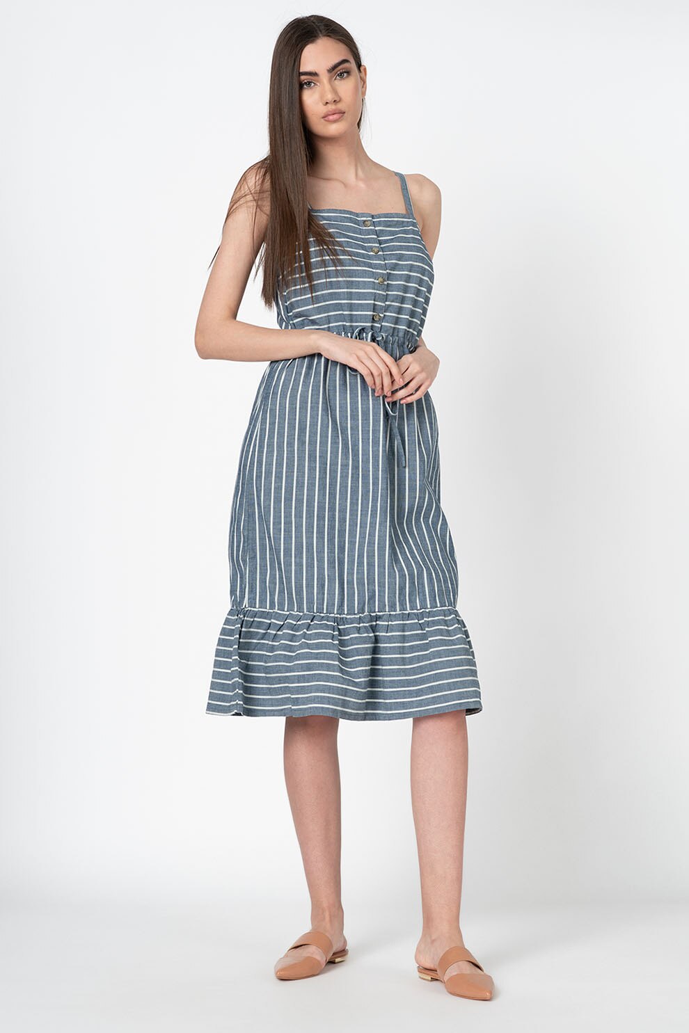 Vero Moda, Rochie din bumbac organic, cu model in dungi Cary, Albastru prafuit/Alb, S