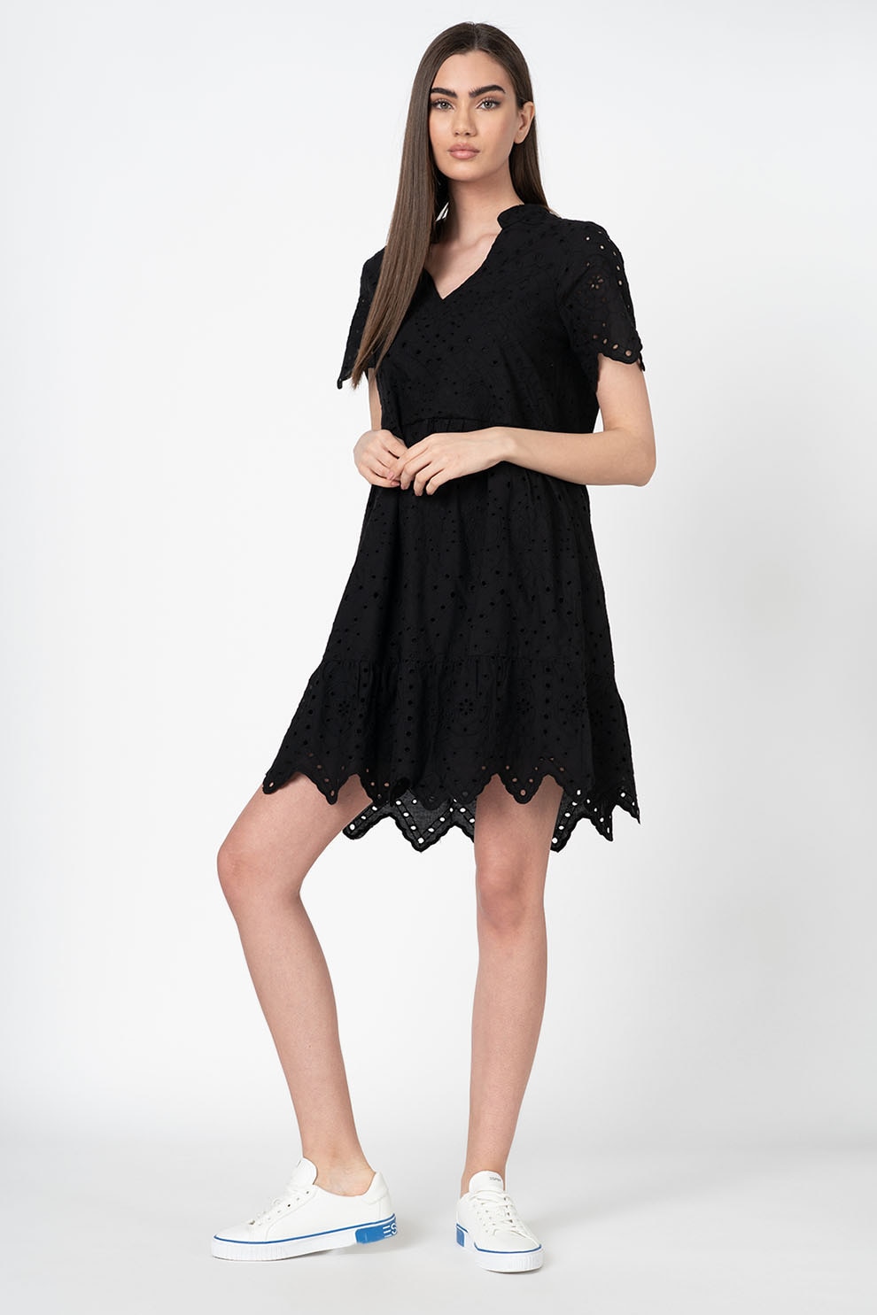 Vero Moda, Rochie mini din bumbac organic, cu perforatii Norah, Negru, S