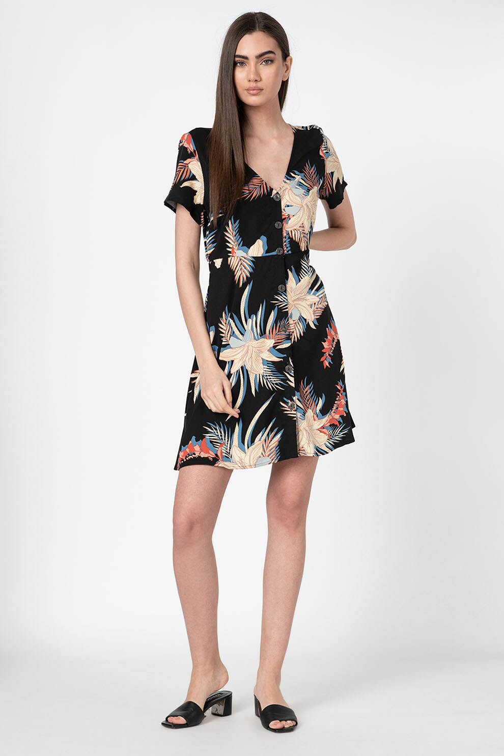 Only, Rochie cu imprimeu si decolteu in V, Negru/Bej/Albastru