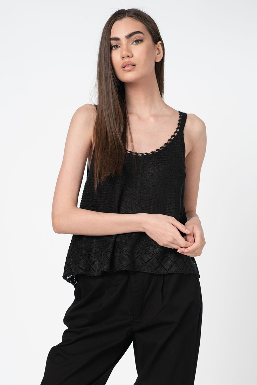 Only, Top cu insertii de dantela crosetata, Negru, XL