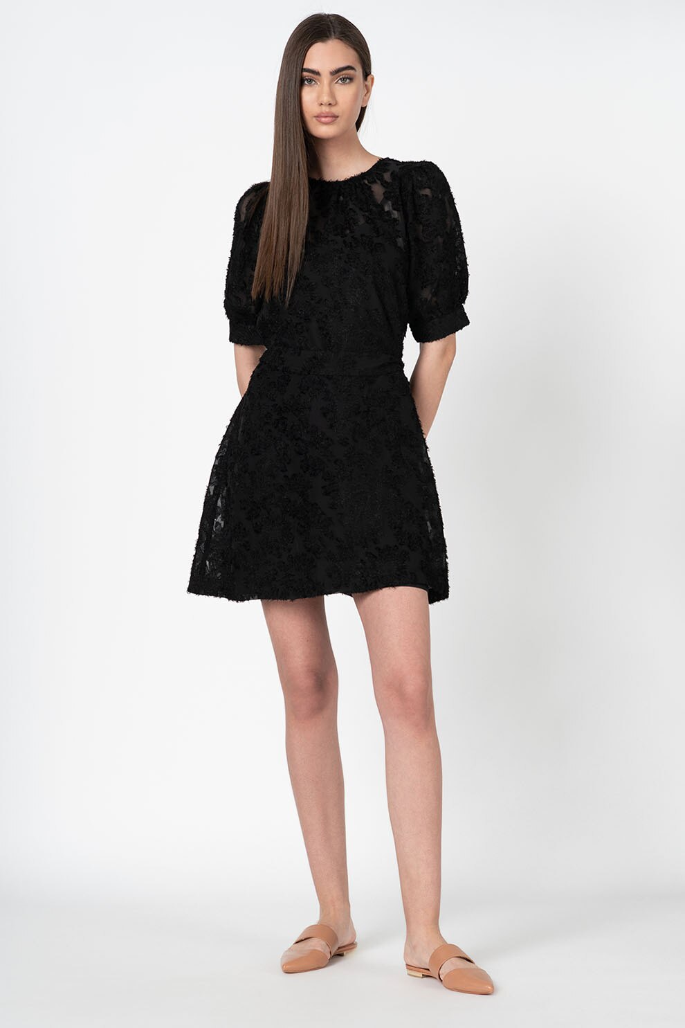 Vero Moda, Rochie mini din dantela, cu maneci bufante Laura, Negru