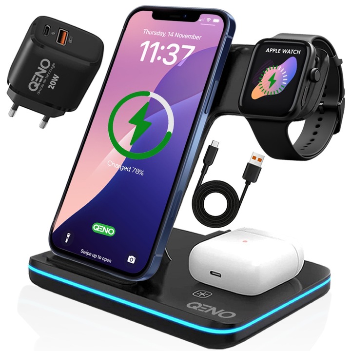Incarcator Wireless Qeno® Statie Incarcare 3 In 1 Qi Fast Charger 15W Incarcare Rapida Compatibil Cu Apple Watch Toate Seriile Airpods PRO si Iphone Android Samsung Huawei Xiaomi Negru Inclus Adaptor 3.0 Quick Charge Qeno® Negru