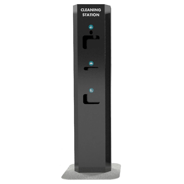 Statie de igienizare BASIC - negru mat, cu dozator pentru dezinfectant cu senzor, dispenser servetele si cos de gunoi - 150 x 35 cm