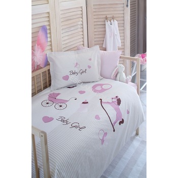 Lenjerie de pat din bumbac 100% Baby girl 1 persoana, 5 piese, 120x180/35x45 Lenjerie de pat din bumbac 100% Baby girl 1 persoana, 5 piese, 120x180/35x45