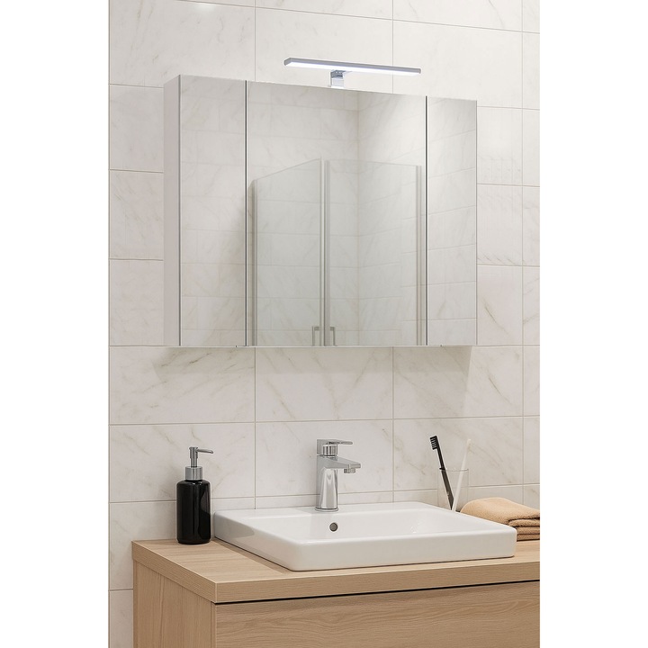 Oglinda baie cu dulap Badenmob Serena, iluminare LED, soft-close, 80 cm, Alb