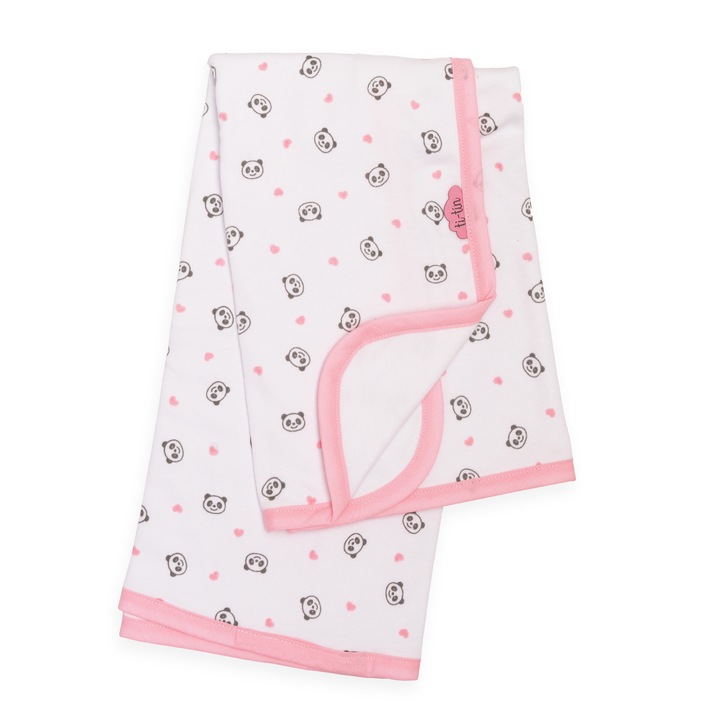Paturica Ti-Tin, Bumbac Interlock, Model Panda, 80 x 75 cm, Roz/Alb