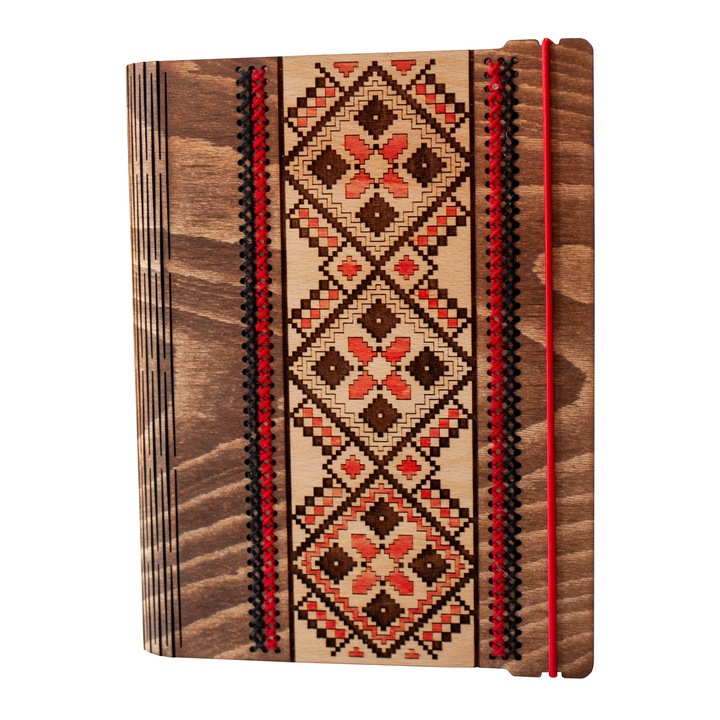 Agenda din lemn A5 VintageBox personalizata prin gravura si cusatura incrucisata, model "Decor Traditional" multicolor