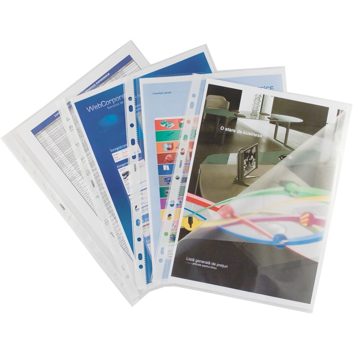 Set 100 bucati File de protectie A4, Noki, transparent, portrait si deschidere stanga, plastic