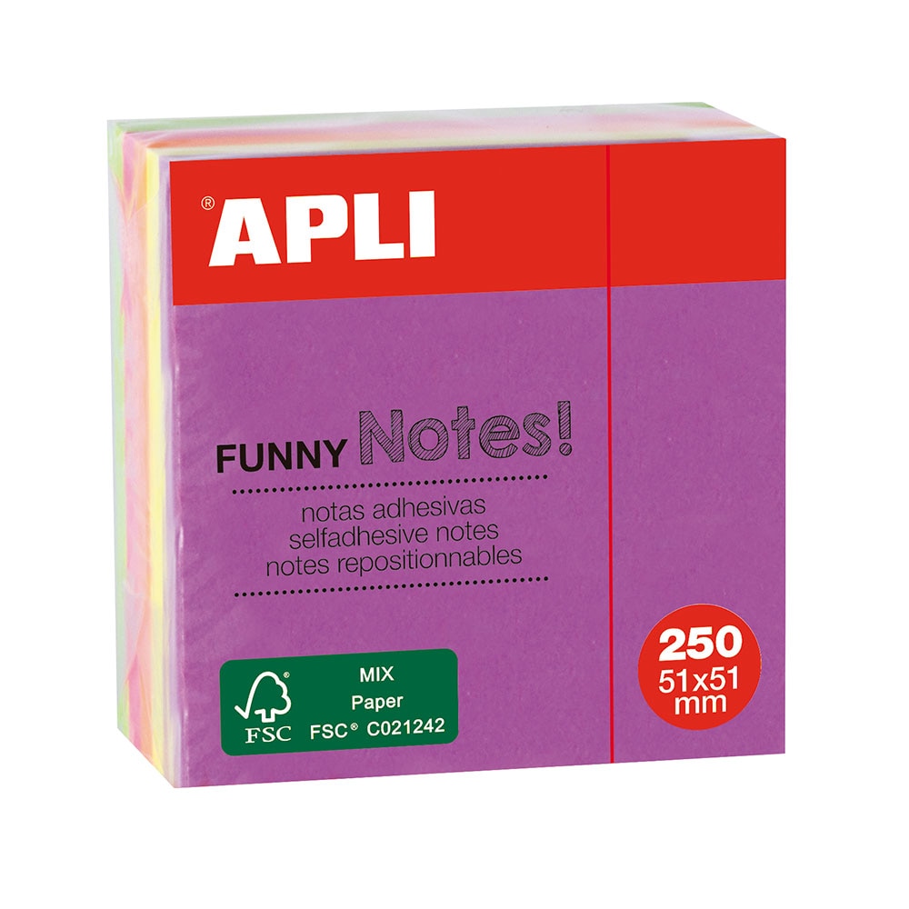 Cub notite adezive Apli, 51x51mm, 250 file, 4 culori neon