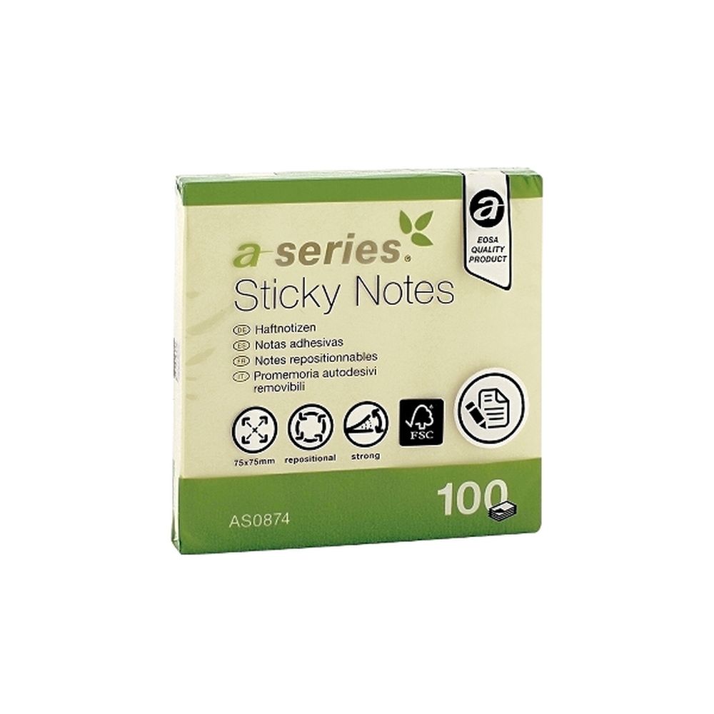 Notite adezive A-Series, 75x75mm, 100 file, galben
