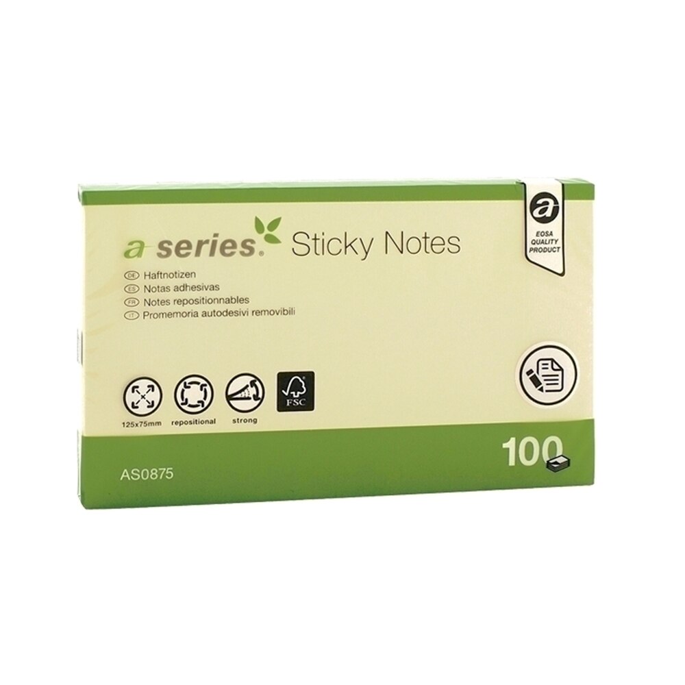 Notite adezive A-Series, 75x125mm, 100 file, galben