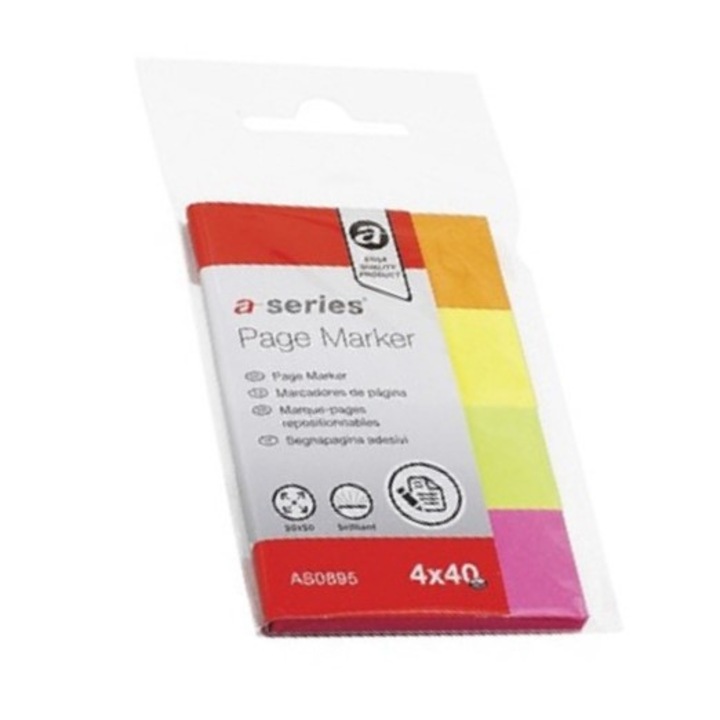 Index A-series, autoadeziv, hartie, 20 x 50 mm, 4 culori/set, 40 file/culoare