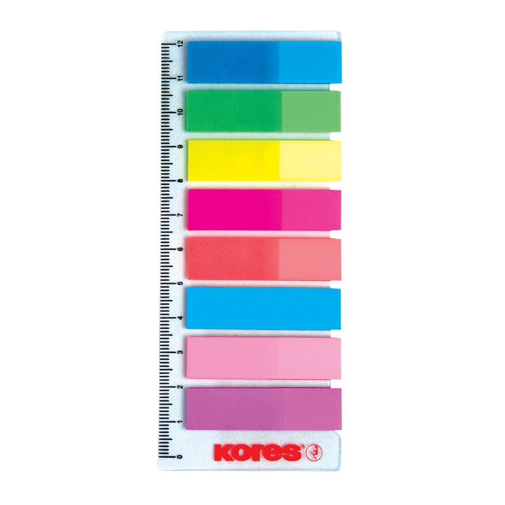 Index autoadeziv din plastic, Kores, 12x45mm, 8 culori, 25 file/culoare, atasate de rigla 12cm