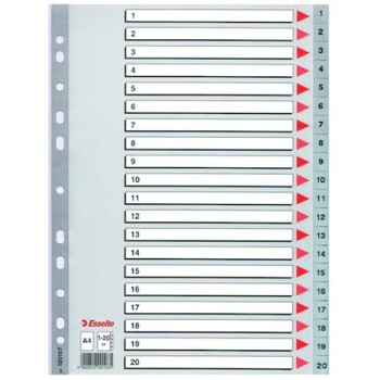 Separatoare Esselte, gri, index 1-20, 225x297mm, plastic Separatoare Esselte, gri, index 1-20, 225x297mm, plastic