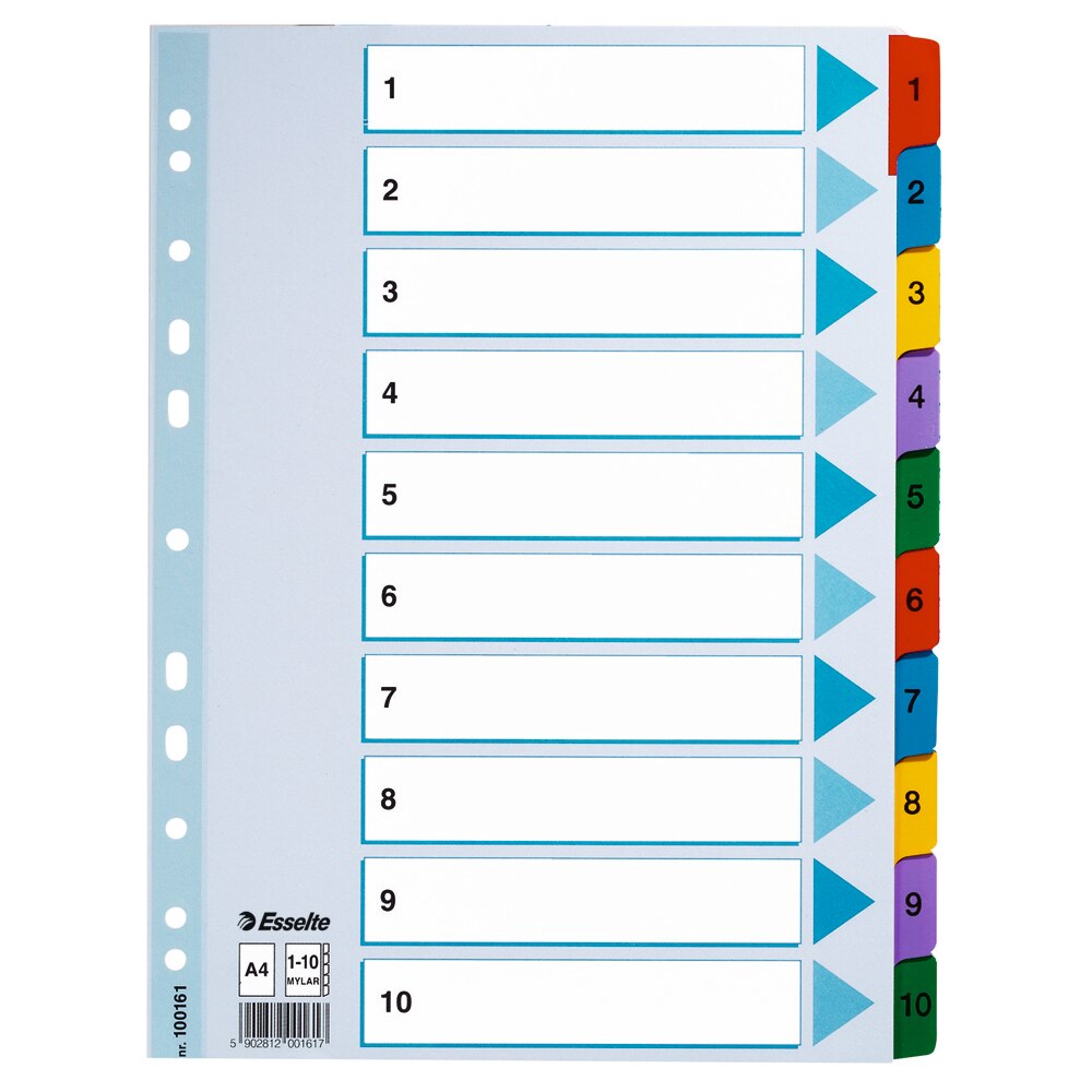 Separatoare Esselte Mylar, alb, index laminat 1-10, 225x297mm, carton