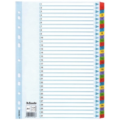 Separatoare Esselte Mylar, alb, index laminat 1-31, 225x297mm, carton