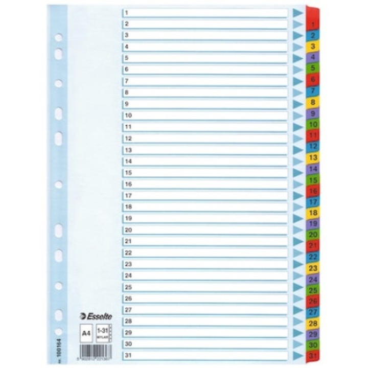 Separatoare Esselte Mylar, alb, index laminat 1-31, 225x297mm, carton