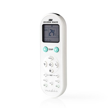 Telecomanda universala pentru aparate de aer conditionat Nedis, programabila, LCD, transmisie infrarosu, baterie, alba, 1000 aparate compatibile Telecomanda universala pentru aparate de aer conditionat Nedis, programabila, LCD, transmisie infrarosu, baterie, alba, 1000 aparate compatibile