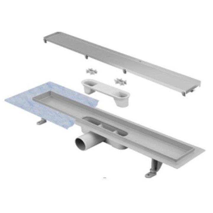 Techman White Glass RTWG7 zuhanyfolyó, hossz 70 cm, megfordítható, fekete biztonsági üvegrács, rozsdamentes acél tartály