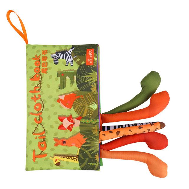 Carte interactiva si educativa fosnitoare Animal's Tails, TUMAMA®, 6 animalute colorate, pentru dentitia copiilor si a bebelusilor, material ecologic, +3luni, verde