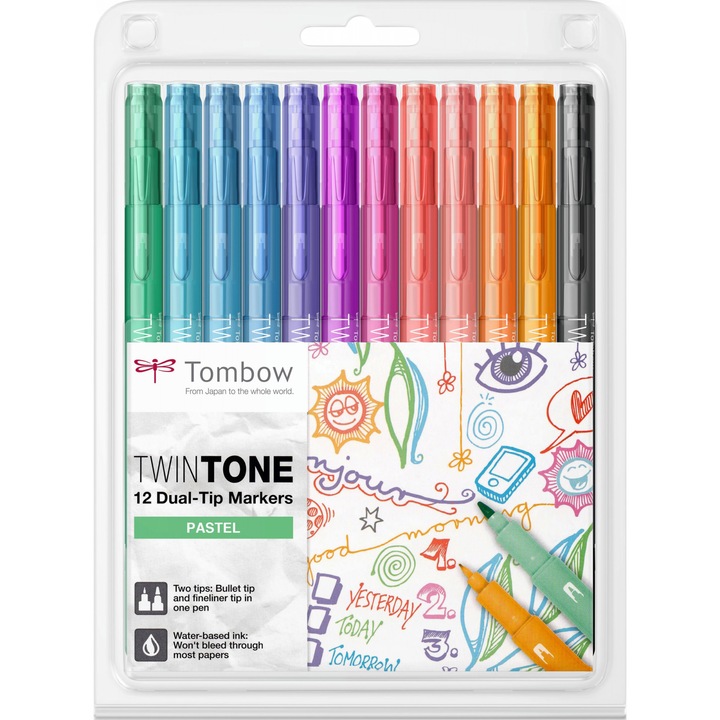 Комплект 12 маркера Tombow Twin Tone, Пастелни цветове