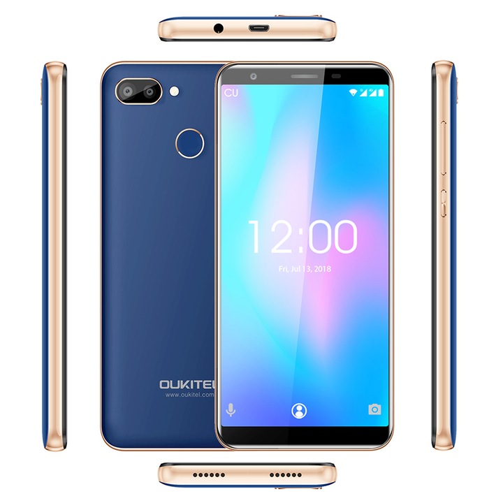 Mobiltelefon Oukitel C11 Pro Blue 5,5 hüvelykes 18: 9 Android 8.1 Mobil processzor MTK6739 Négymagos 3G RAM 16G ROM 8MP + 2MP 3400mAh 4G