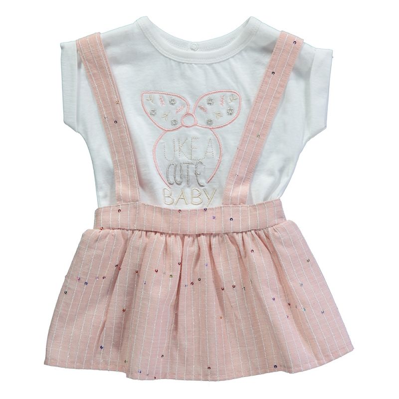 Set 2 piese, tricou si fusta cu bretele, bumbac, Bebetto, Hope, Alb/Roz somon