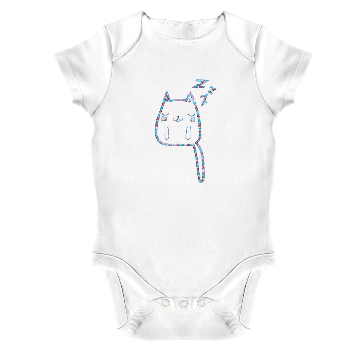 Body bebe, LWS, bumbac organic, brodat, model pisica somnoroasa, Alb