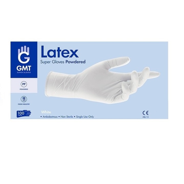 Set 100 bucati Manusi GMT Super Gloves Latex, usor pudrate, marimea S