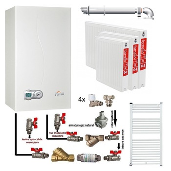 Pachet Centrala termica in condensare Ferroli DivaCondens F24 E, calorifere otel, kit armaturi centrala, robineti calorifer, filtru pentru impuritati, pentru apartament cu 2 camere Pachet Centrala termica in condensare Ferroli DivaCondens F24 E, calorifere otel, kit armaturi centrala, robineti calorifer, filtru pentru impuritati, pentru apartament cu 2 camere