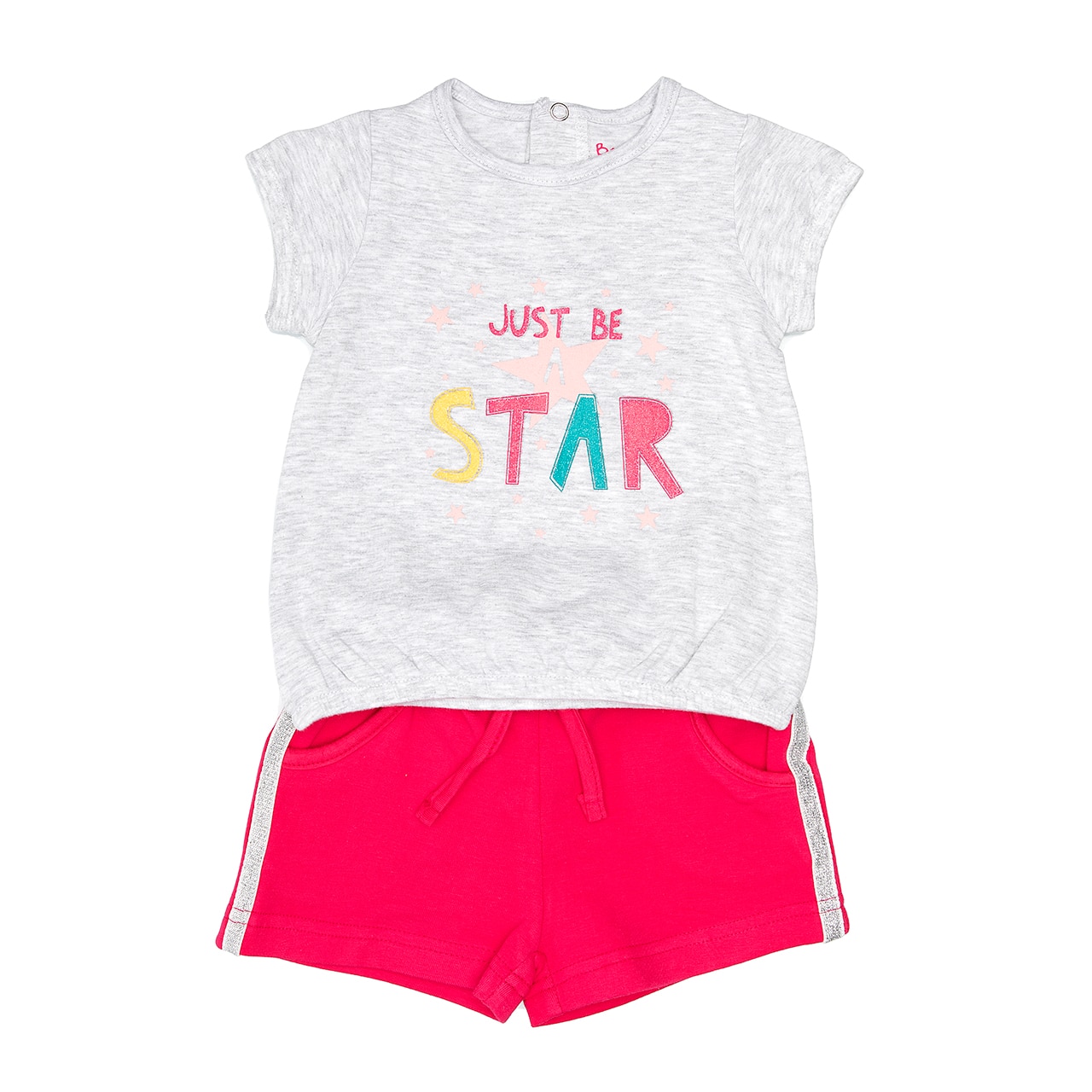 Set 2 piese vara fete, tricou si pantaloni scurti, Babybol, imprimeu just be STAR, fucsia