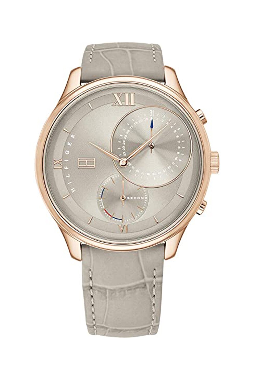 Tommy Hilfiger, Ceas rotund cu o curea de piele, Maro taupe deschis/Auriu rose