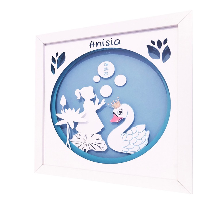 Tablou 3D, luminos, personalizabil fetita cu lebada , Noor Handmade Atelier, 25 x 25cm