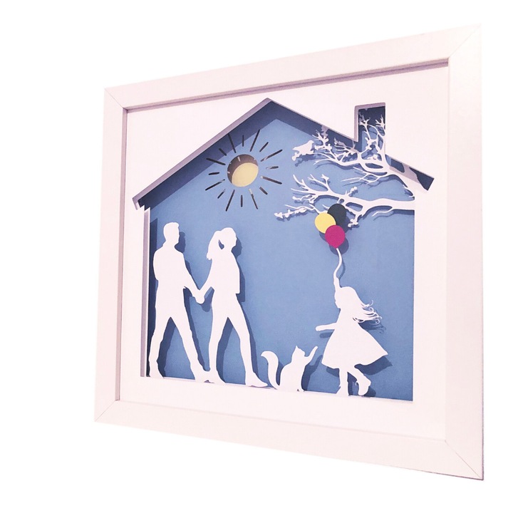 Tablou 3D, luminos, personalizabil, familie fetita cu baloane, Noor Handmade Atelier, 25 x 25cm