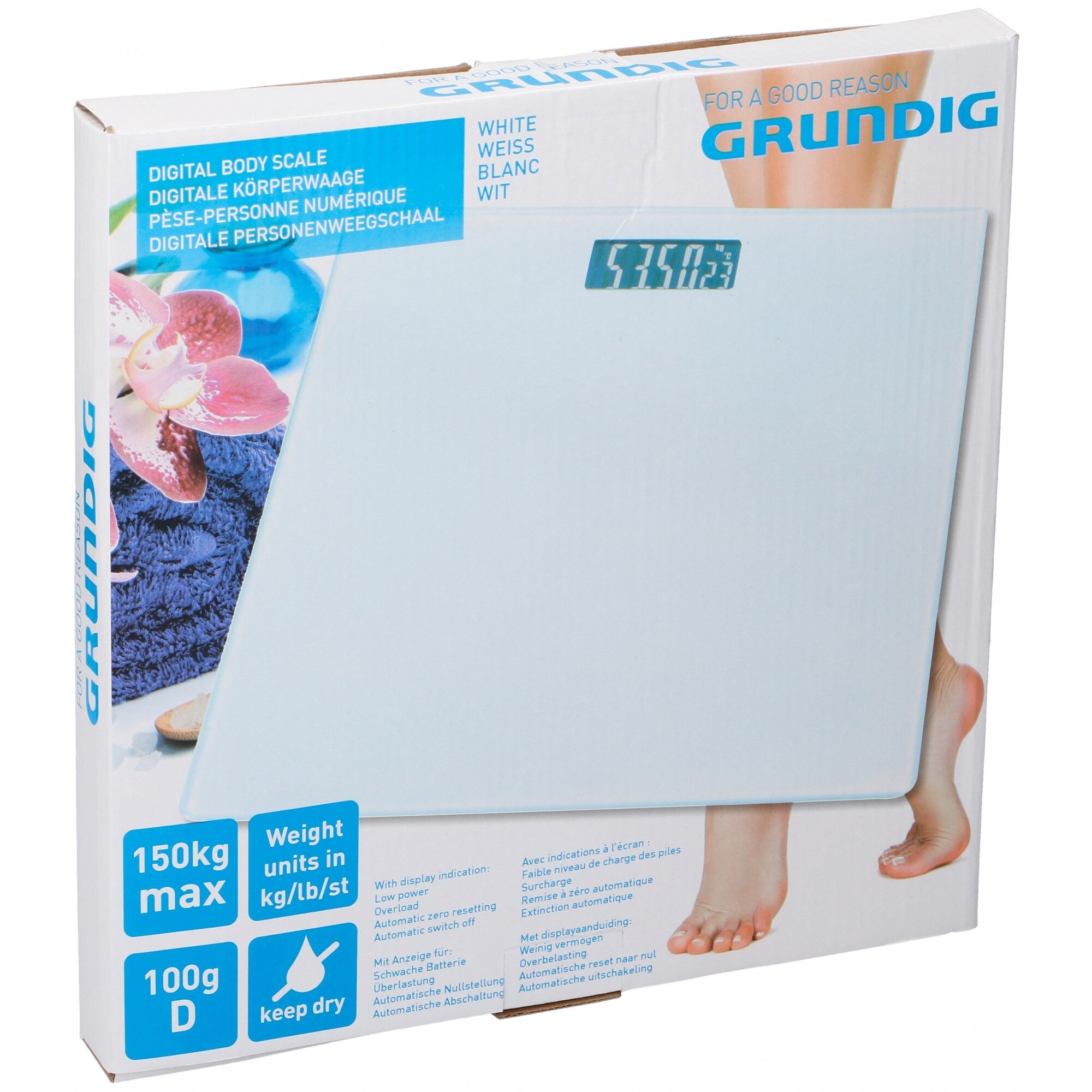 Cantar de baie digital Grundig, display LCD, 2 baterii AAA, 150 kg, Alb