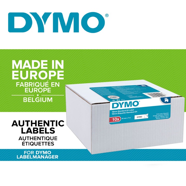 Etichete originale DYMO 45013 LabelManager D1, 12mm x 7m, negru/alb, 10 buc/set, 2093097