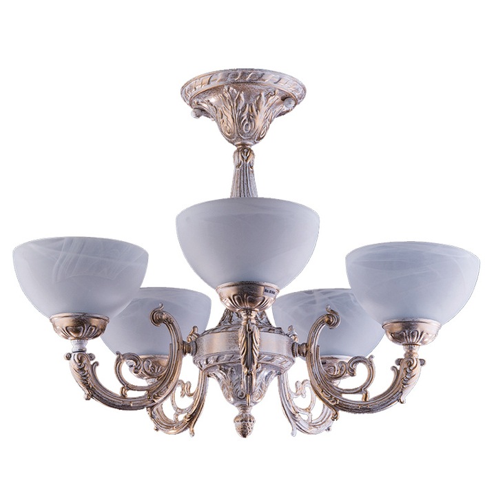 Полилей BUSSY LIGHTING 7192 5 рамена, 5xE27, височина 46см, диаметър 55см, бяло патинирано покритие/Бяло алабастрово стъкло