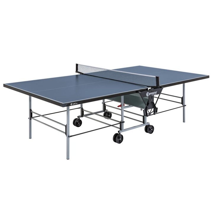 Masa de tenis Sponeta Indoor/Outdoor, Profil rama 36 mm, 4 roti duble, 2 Suporti laterali pentru palete si mingi, Fileu inclus, Albastru