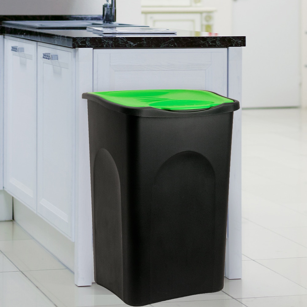 Кошче за боклук с капак, Пластмаса, черно / зелено, 50L - eMAG.bg