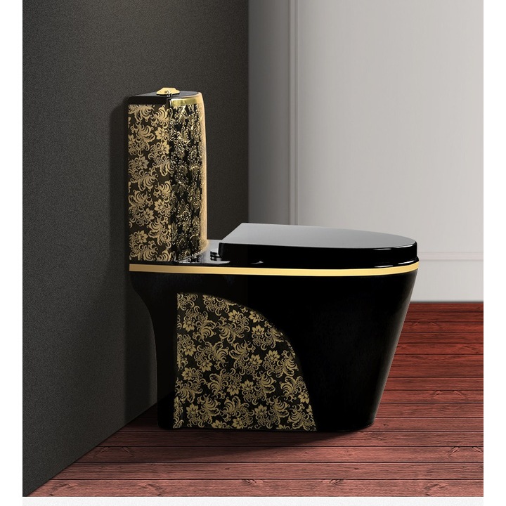Луксозен Дизайнерски моноблок за баня, Златни цветя, Керамика